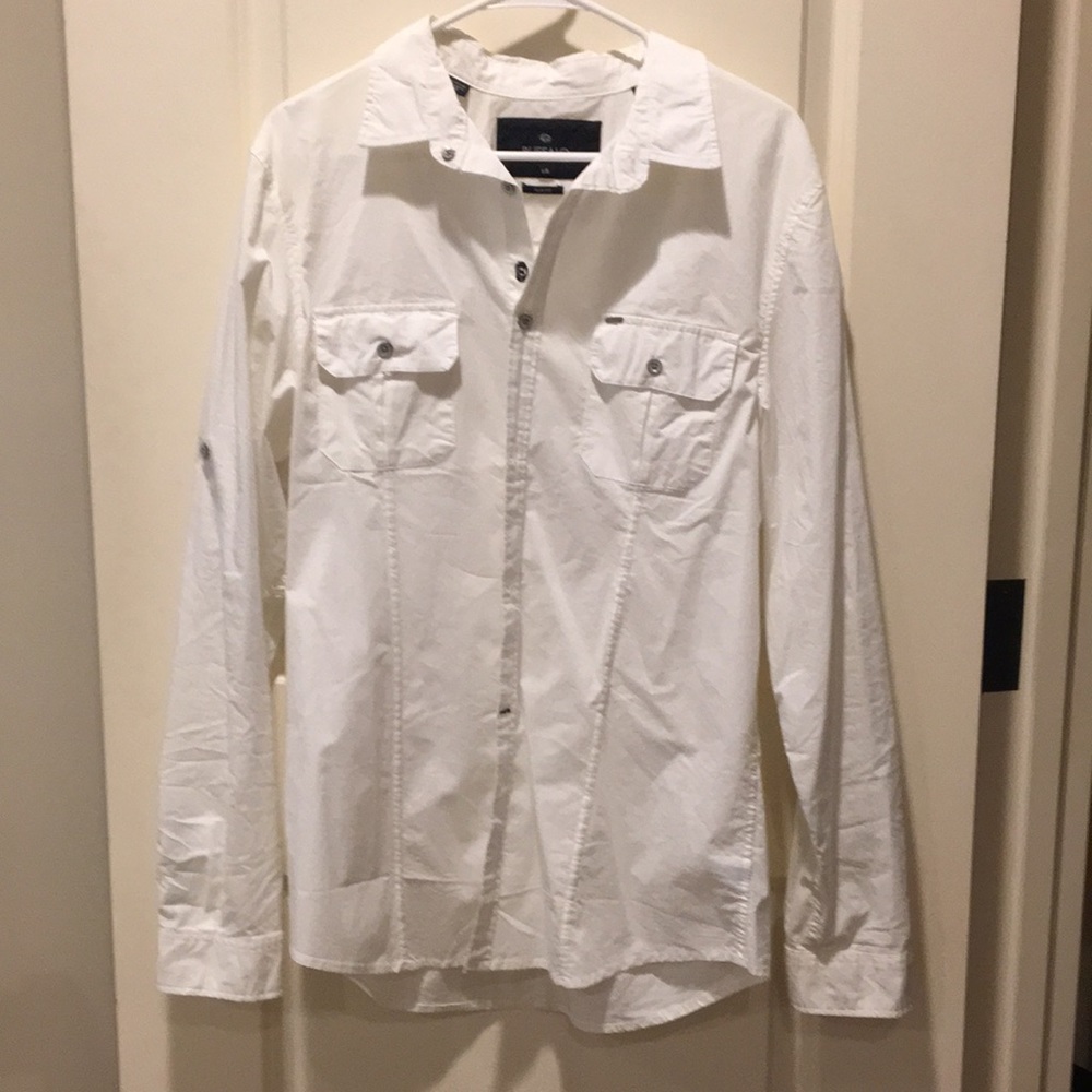 Buffalo David Bitton button down white slim shirt long sleeves roll tab size L